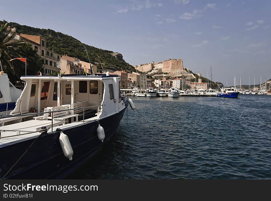 France, Corsica, Bonifacio, panoramic view of the port and the town