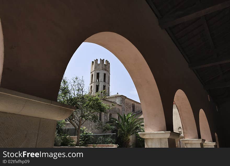 France, Corsica, Bonifacio, stone tower in the old part of the town