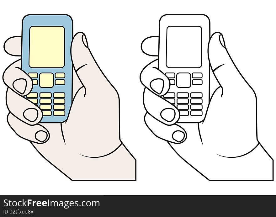 Illustration and outlines of hand with a mobile phone