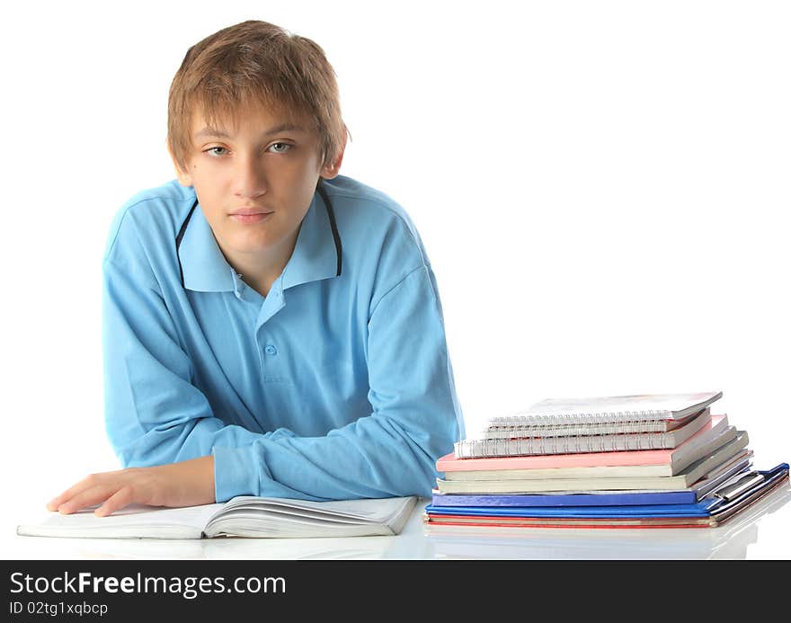 Casual teenager preparing for studying isolated on white background. Casual teenager preparing for studying isolated on white background