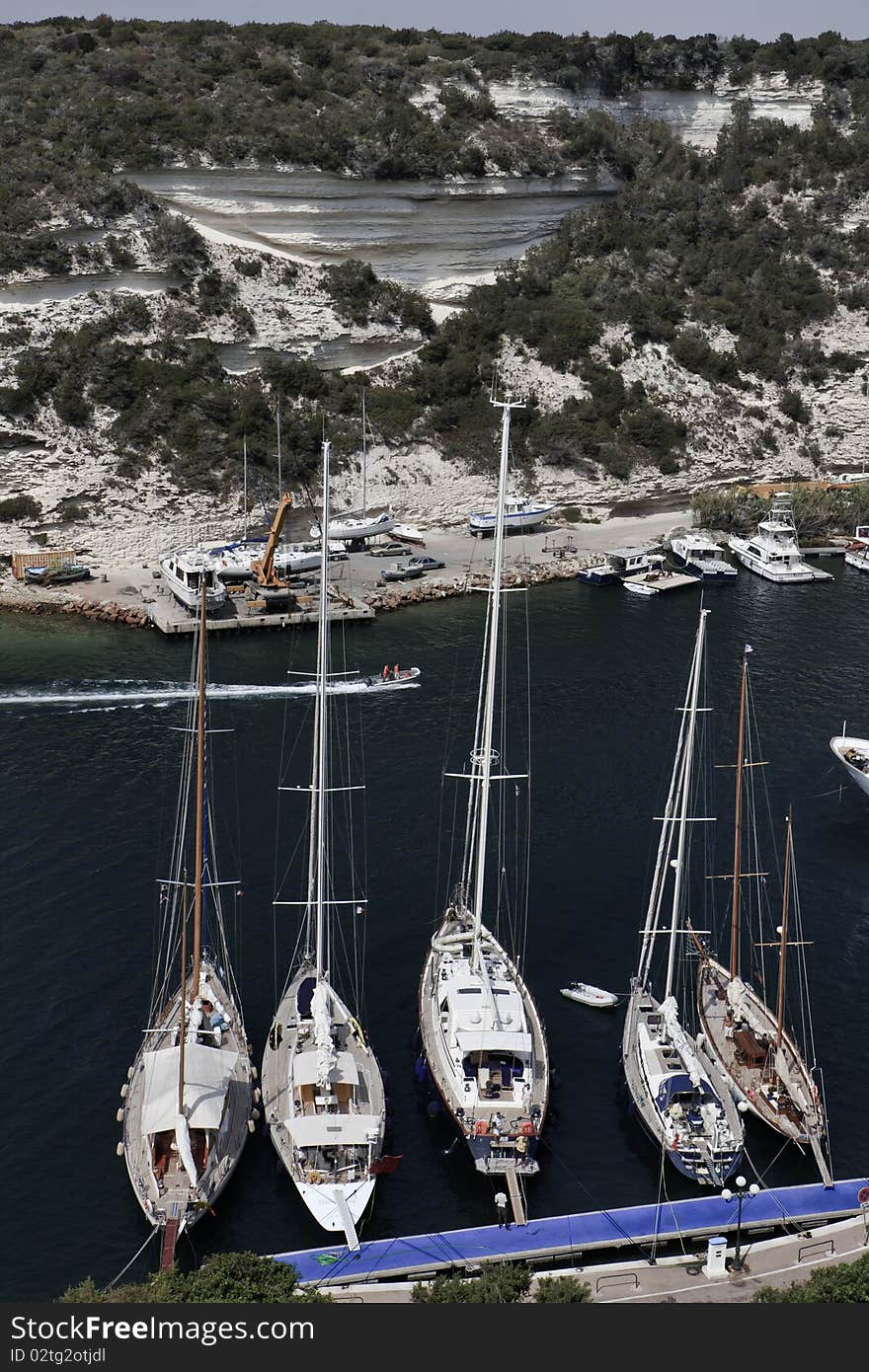 France, Corsica, Bonifacio, view of the port channel from the old walls