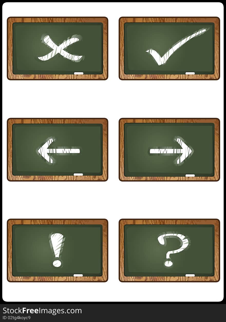 6 signs written on 6 blackboards. A check, an X, two arrows, a !, and a ?. 6 signs written on 6 blackboards. A check, an X, two arrows, a !, and a ?.