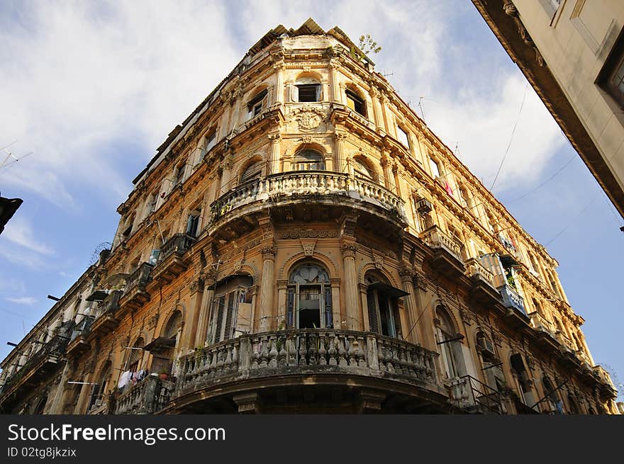 Detail of vintage facade in crumbling Havana building. Detail of vintage facade in crumbling Havana building