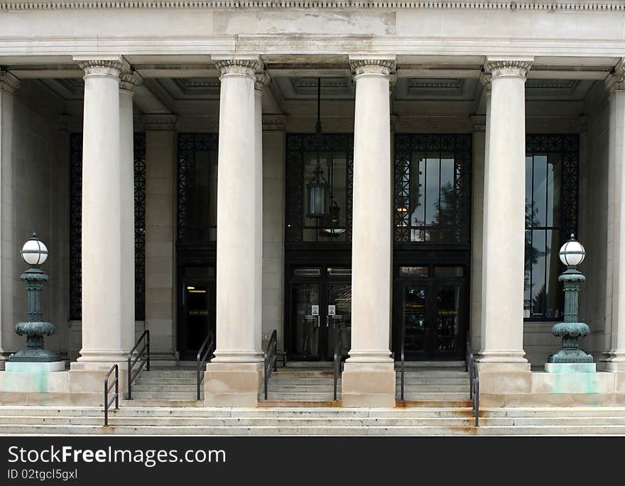 Portico of an United States post office building with Doric-style columns. Portico of an United States post office building with Doric-style columns.