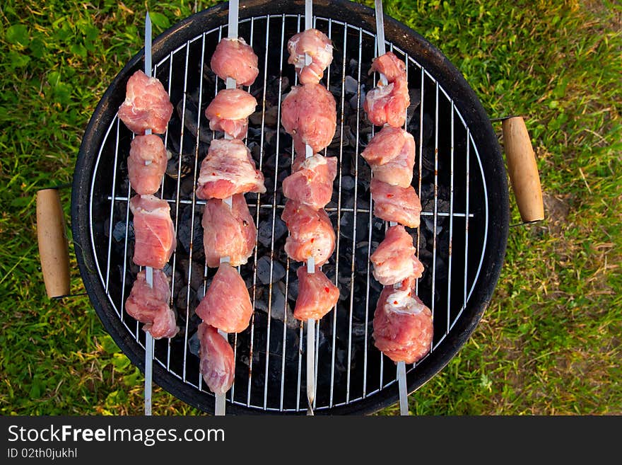 Meat preparation on a barbecue on the nature in the open air