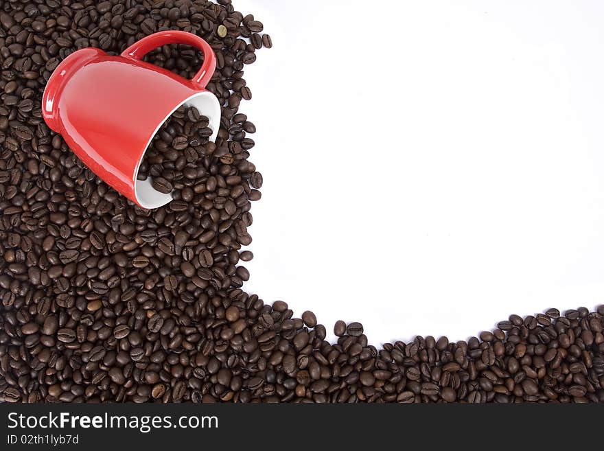 Coffee red cup and grains on white background