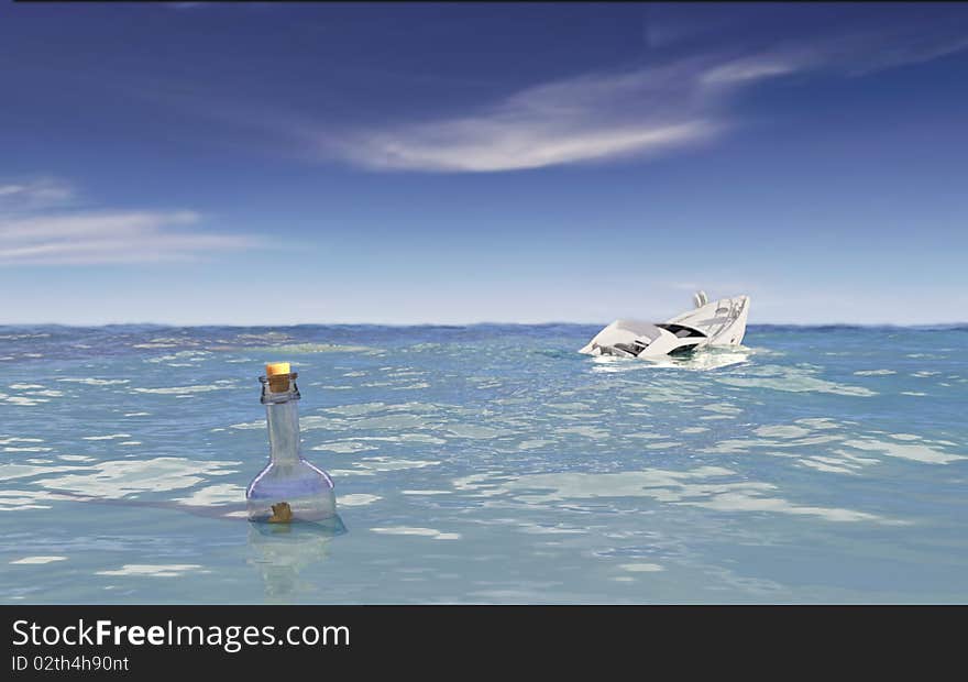 Sunken luxury boat and a message in a bottle in tropical ocean