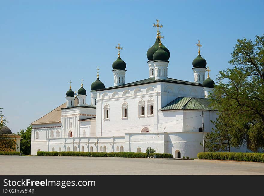 Cathedral with dark cupolas and gold crosses in Russia. Cathedral with dark cupolas and gold crosses in Russia