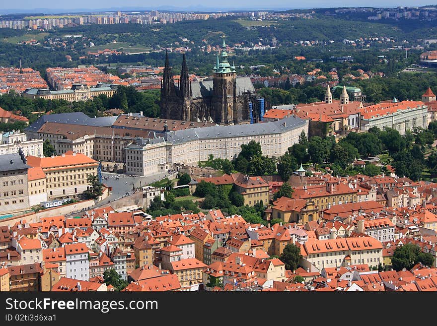 View of St. Vitus Cathedral and castle in Prague. View of St. Vitus Cathedral and castle in Prague