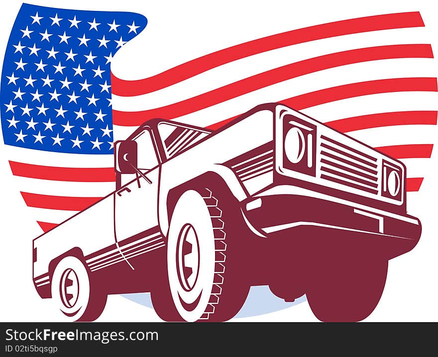 Graphic design illustration of an American Pickup truck with stars and stripes flag isolated on white viewed from low angle done in retro style. Graphic design illustration of an American Pickup truck with stars and stripes flag isolated on white viewed from low angle done in retro style