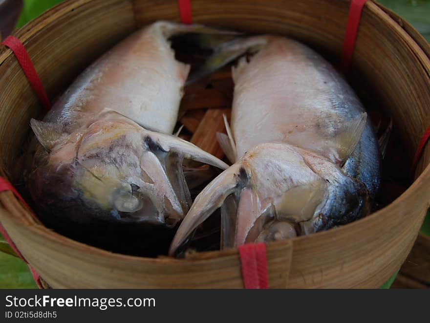 Fish in bamboo steamers at Samutsakorn