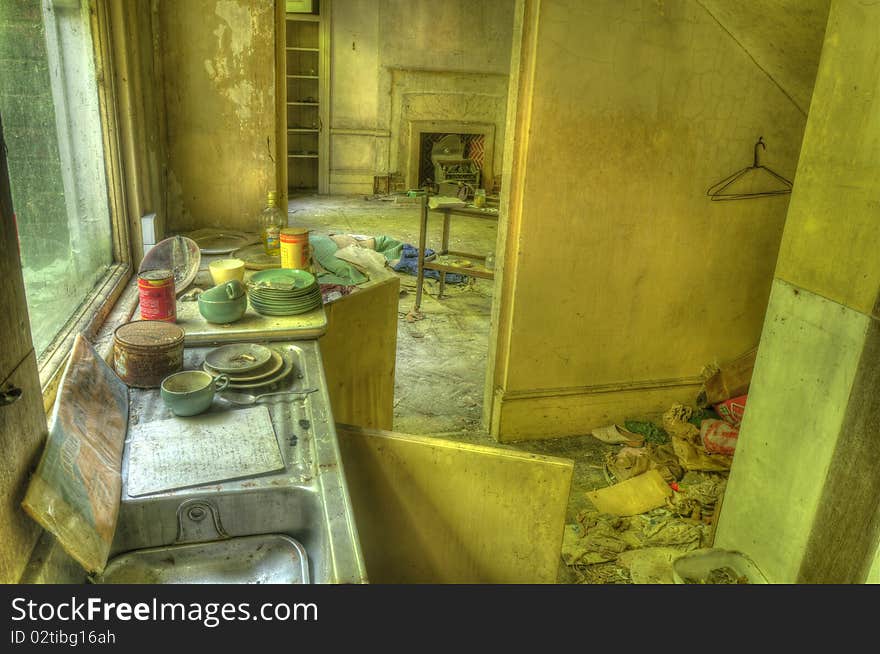 An HDR photo of an abandoned kitchen. An HDR photo of an abandoned kitchen