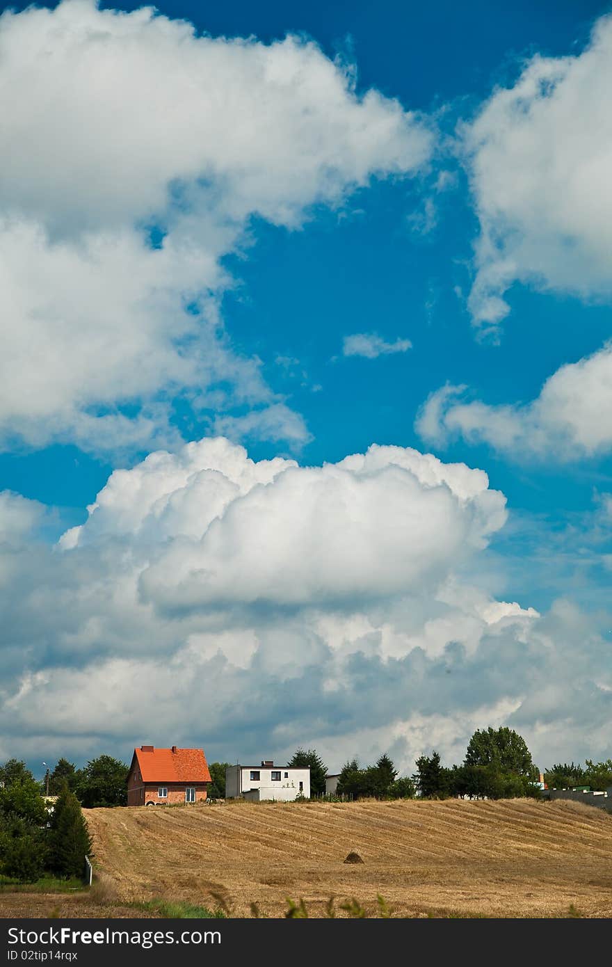 Country rural landscape fields with clouds