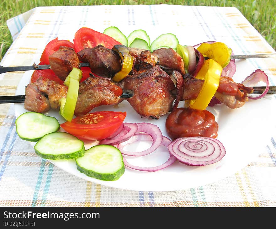 Grilled meat with pepper onion and cucumber roasting on plate barbecue outdoors. Grilled meat with pepper onion and cucumber roasting on plate barbecue outdoors