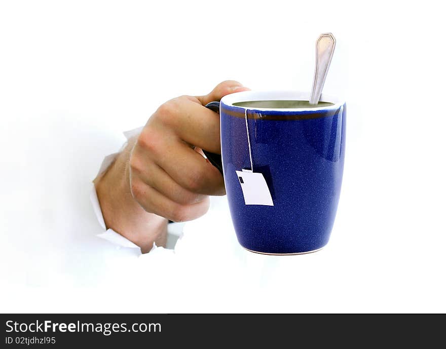 tea cup in his hands. Isolated on white background