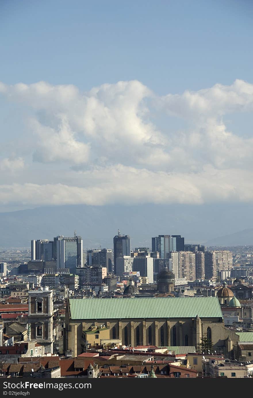 View of Naples with Santa Chiara church and Centro Direzionale on the background.