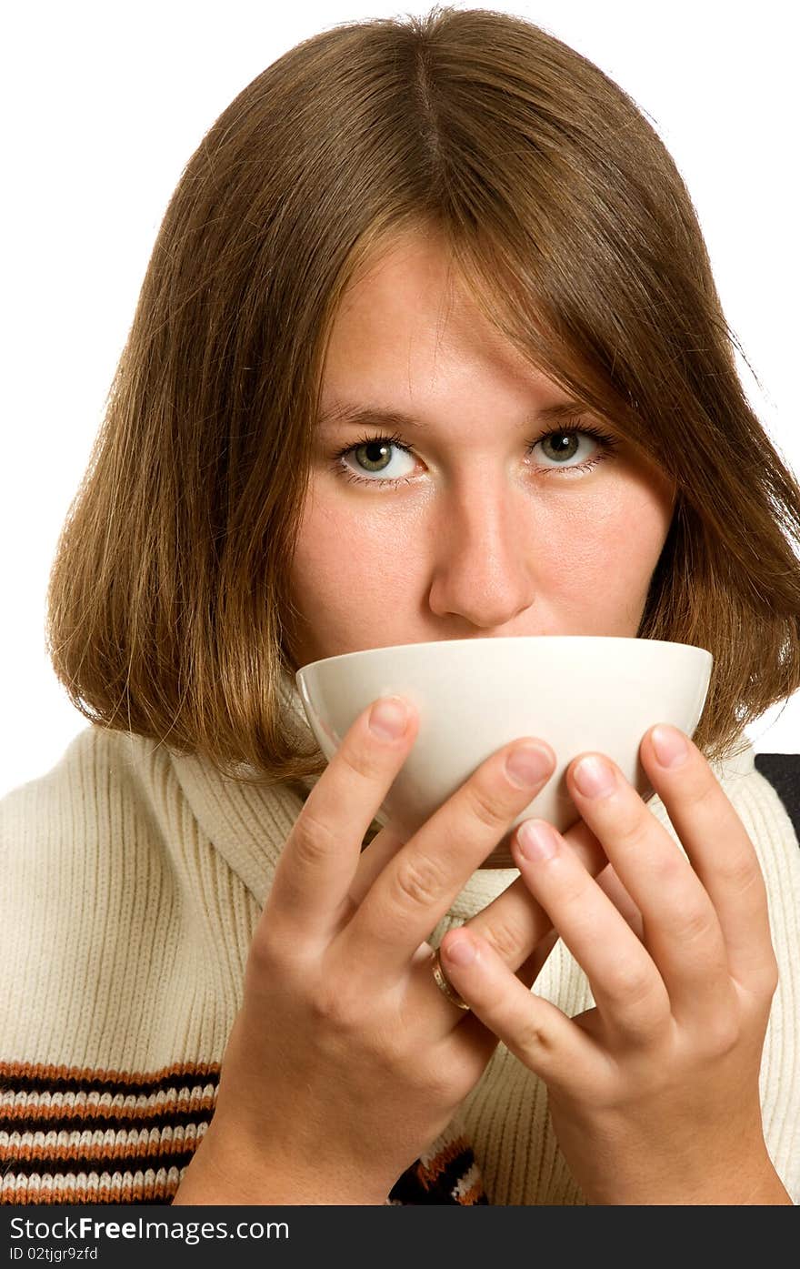 Portrait of adorable woman drinking over white. Portrait of adorable woman drinking over white