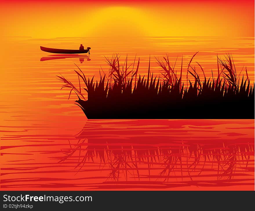 Vector illustration of a fisherman and seascape