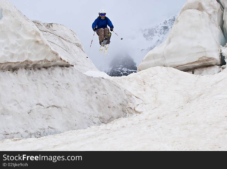 Freerider, jumping in a mountains, Caucasus, summer, 2010