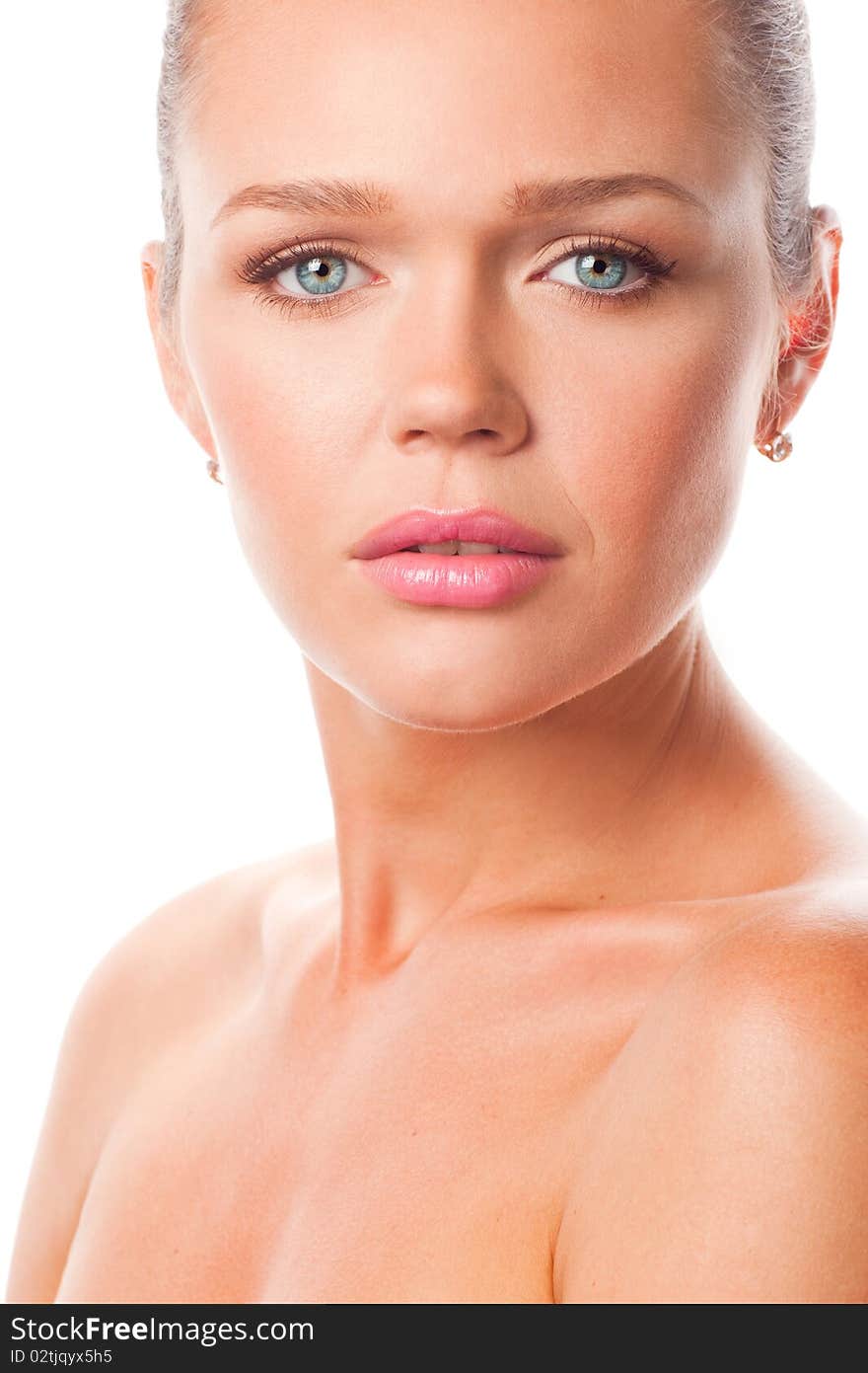 Closeup portrait of attractive female in studio on white background. Closeup portrait of attractive female in studio on white background