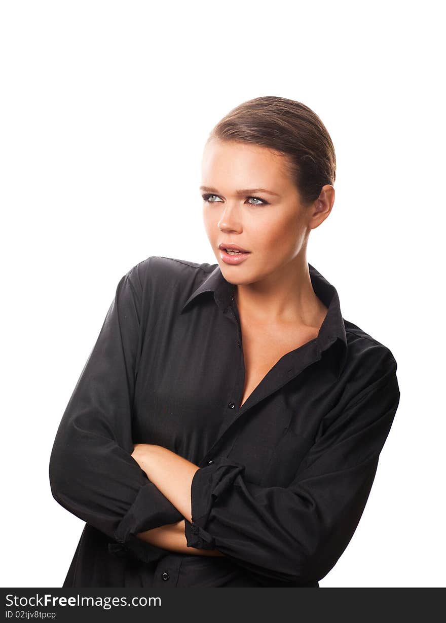 Attractive young adult wearing black shirt isolated on white background. Attractive young adult wearing black shirt isolated on white background