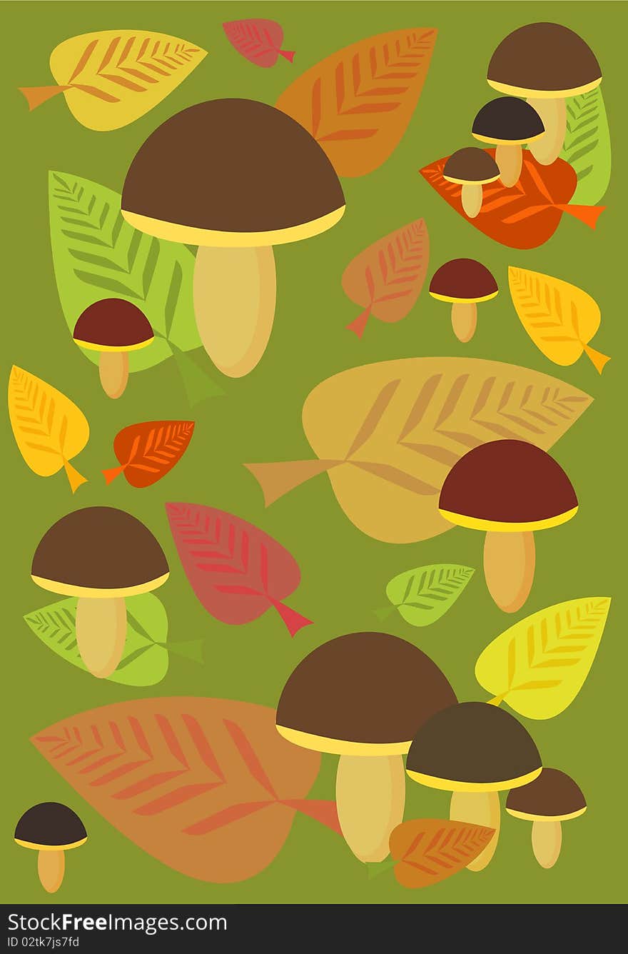 Autumn background with mushrooms and leaves in forest