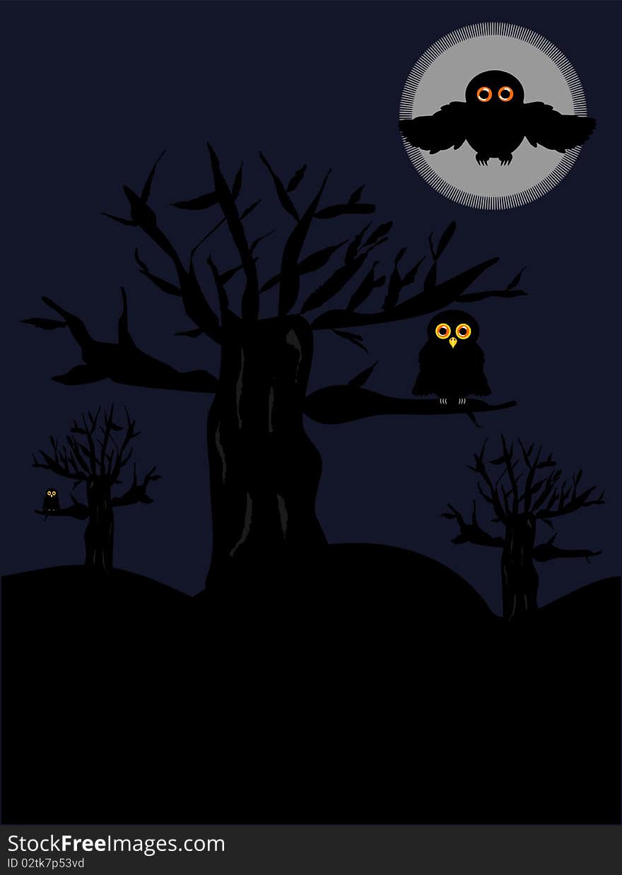 Night scary scenery with old trees and owls. Night scary scenery with old trees and owls