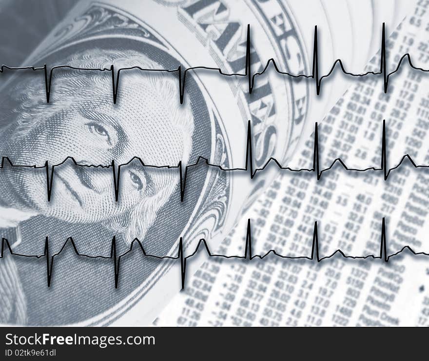 United States dollar bill overlaid with ECG graph. United States dollar bill overlaid with ECG graph