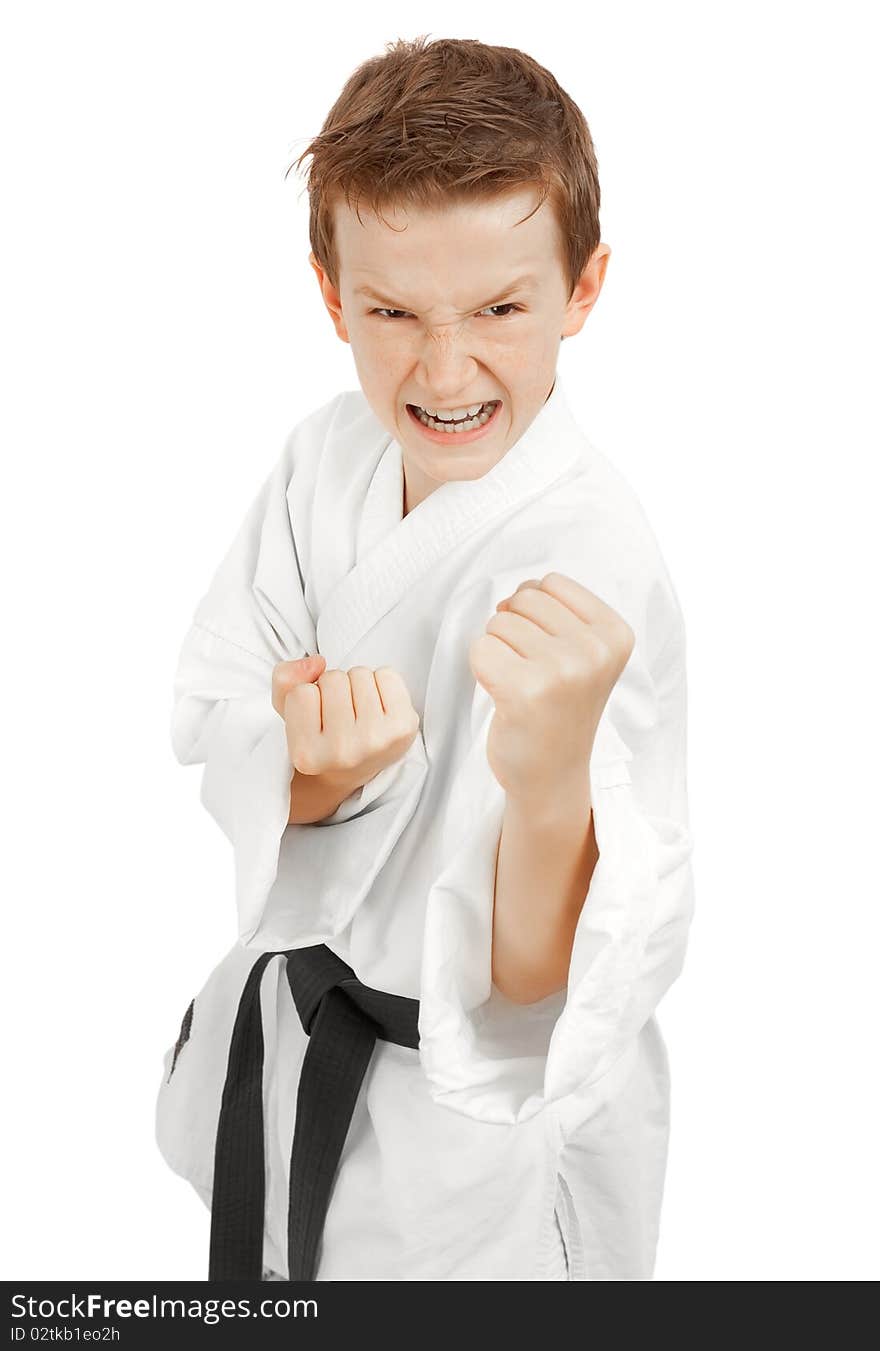Young boy training karate. Isolated on white background. Young boy training karate. Isolated on white background
