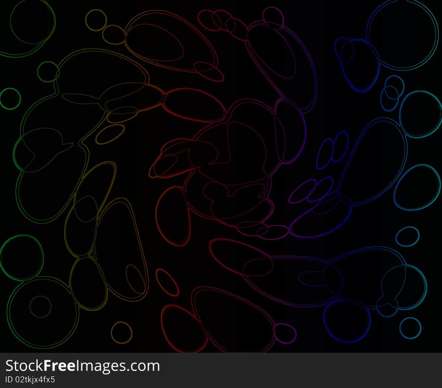 Coloured outlines of bubbles on a black background. Coloured outlines of bubbles on a black background