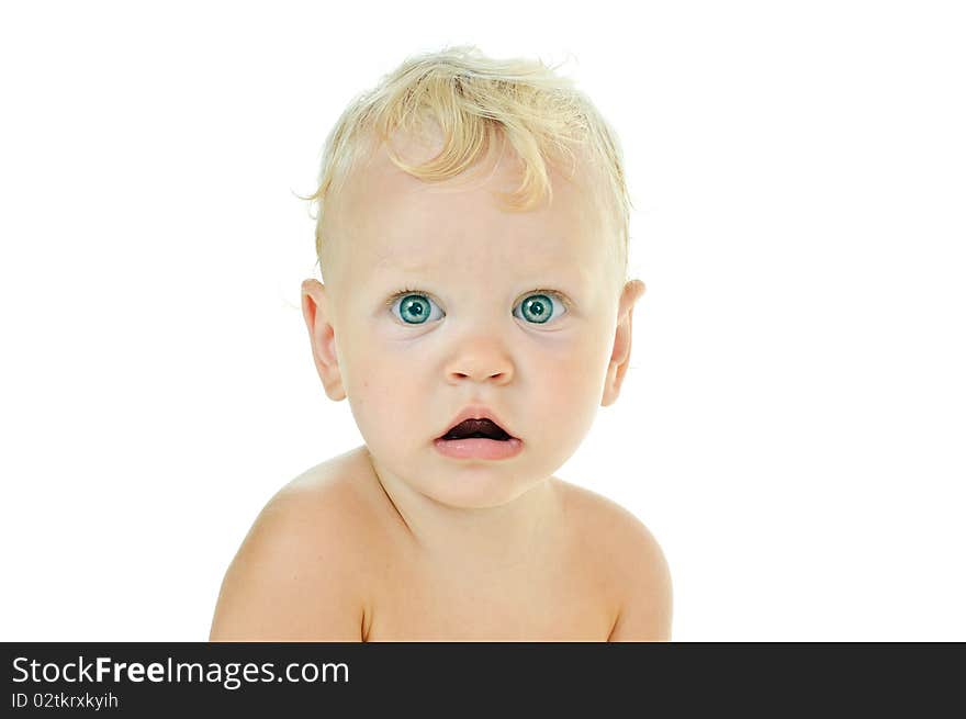 Blond-haired one year baby on white background. Blond-haired one year baby on white background