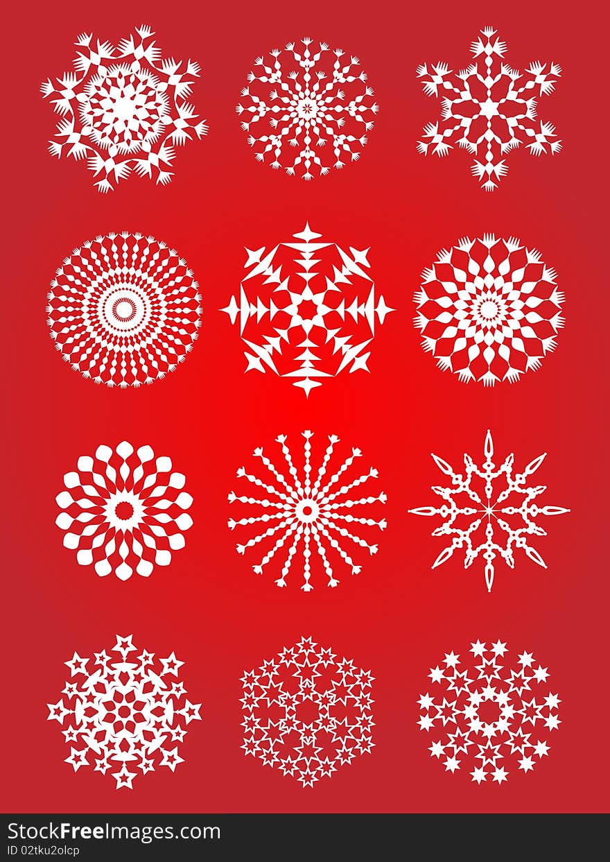 Vector illustration, collection white snowflake on a red background. Vector illustration, collection white snowflake on a red background