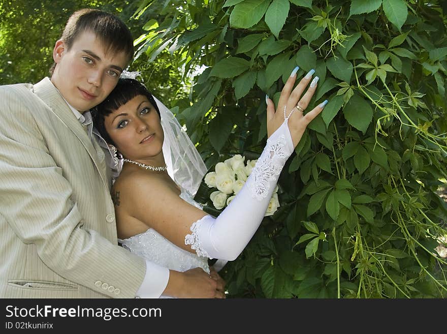 Groom and the bride on walk in park