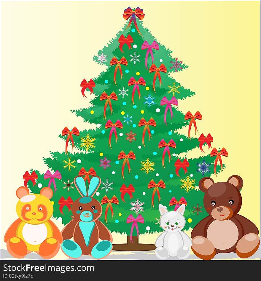 New Year tree and soft toys. Vector illustration