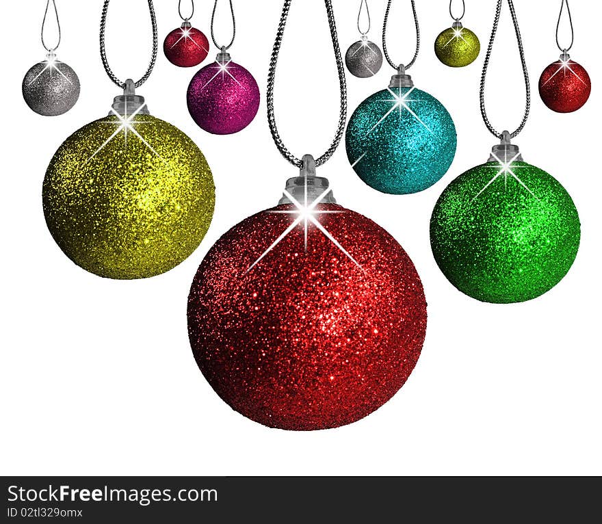 Christmas balls in different colors and sizes on a white background with space for text