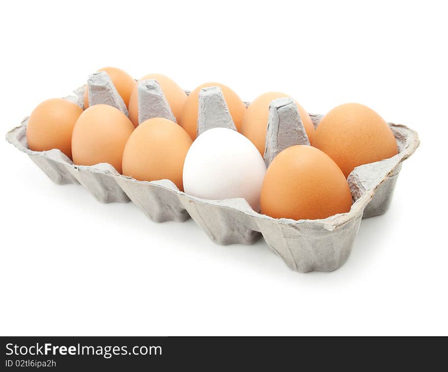 Eggs in a carton on white background