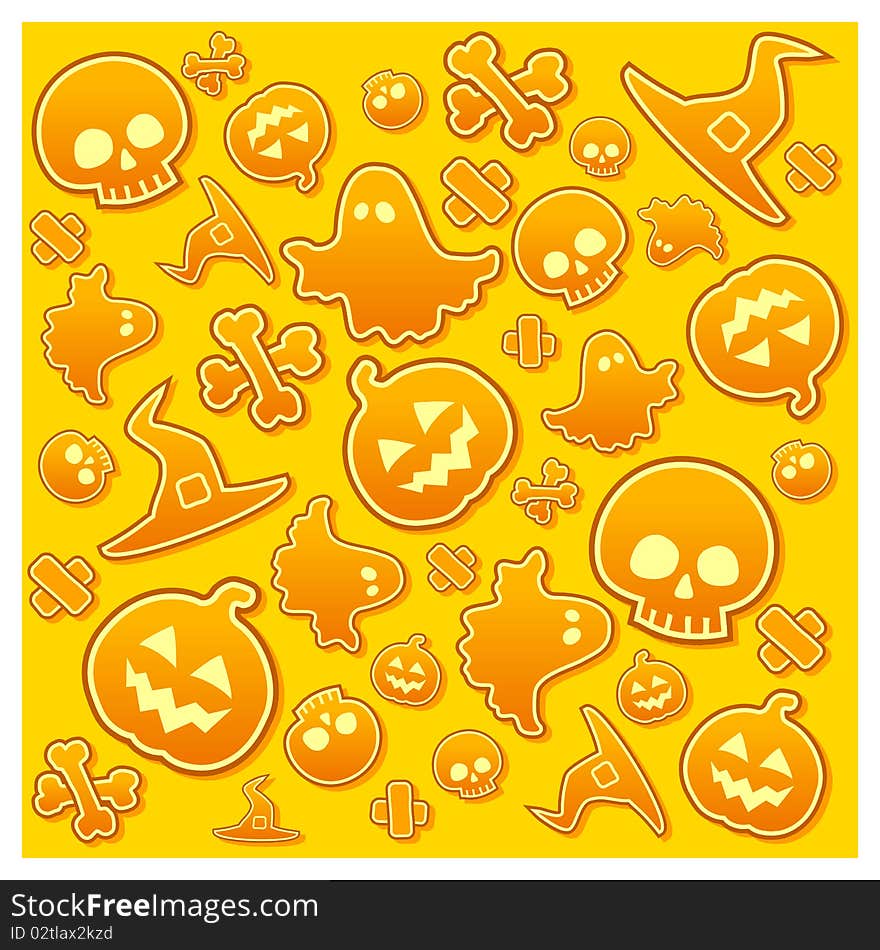 Halloween background with skull, pumpkin, bone, hat and ghost in yellow, illustratiom