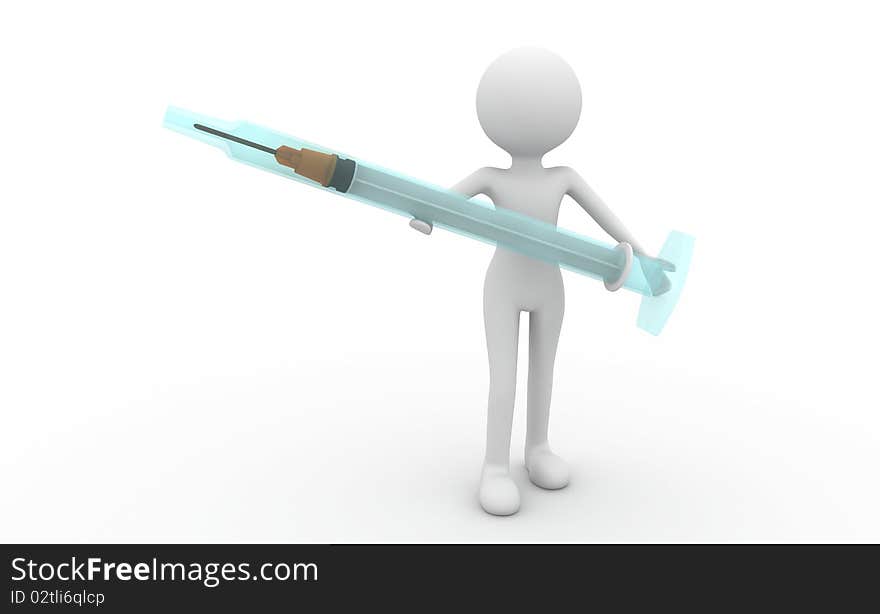 Hand a large light blue medical syringe