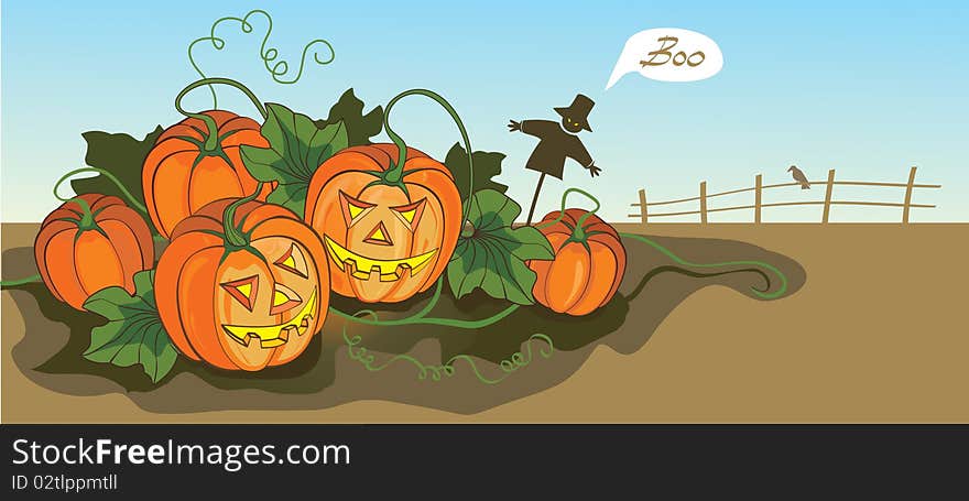 Scary Halloween illustration with pumpkins and scarecrow.