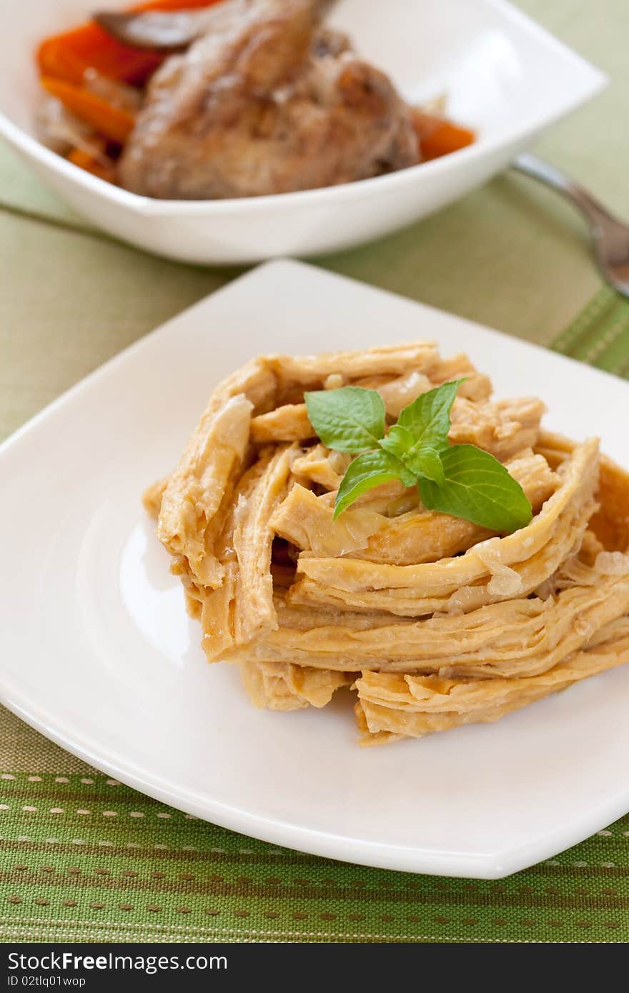 Soya bean stripes salad served with red vine