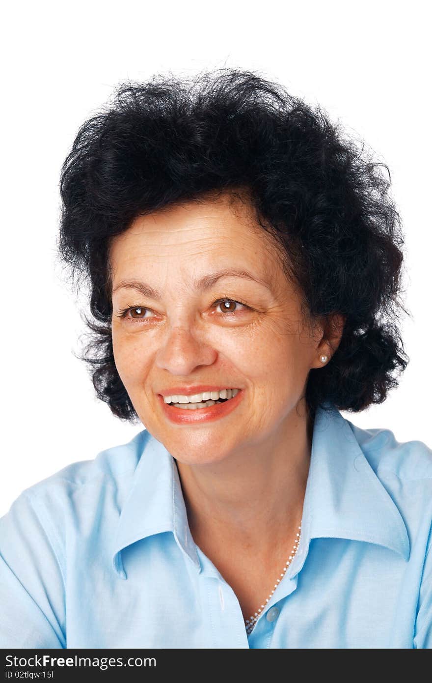 Closeup portrait of a senior female smiling and looking away on white background. Closeup portrait of a senior female smiling and looking away on white background.