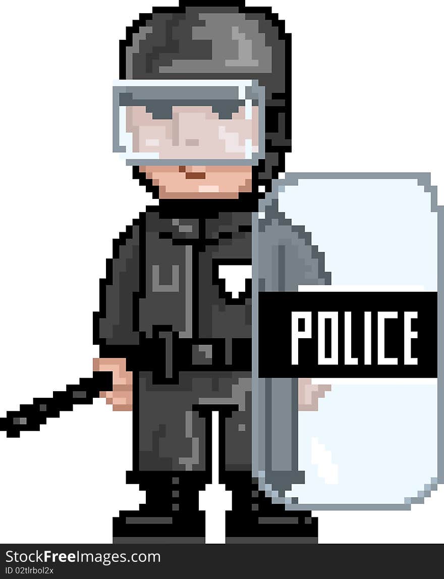 Pixel art Vector illustration of police MAT. Artwork is composed of editable squares. Artwork is clearly and crisply readable in both large and tiny sizes. Pixel art Vector illustration of police MAT. Artwork is composed of editable squares. Artwork is clearly and crisply readable in both large and tiny sizes.