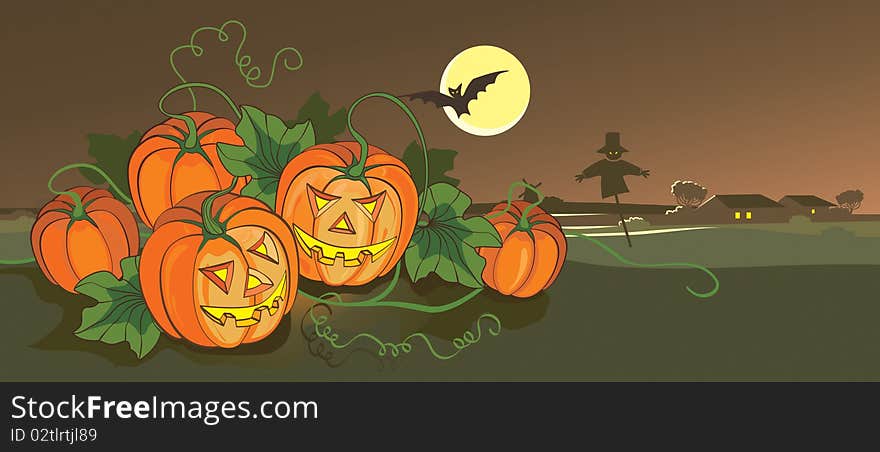 Scary Halloween illustration with pumpkins and scarecrow.