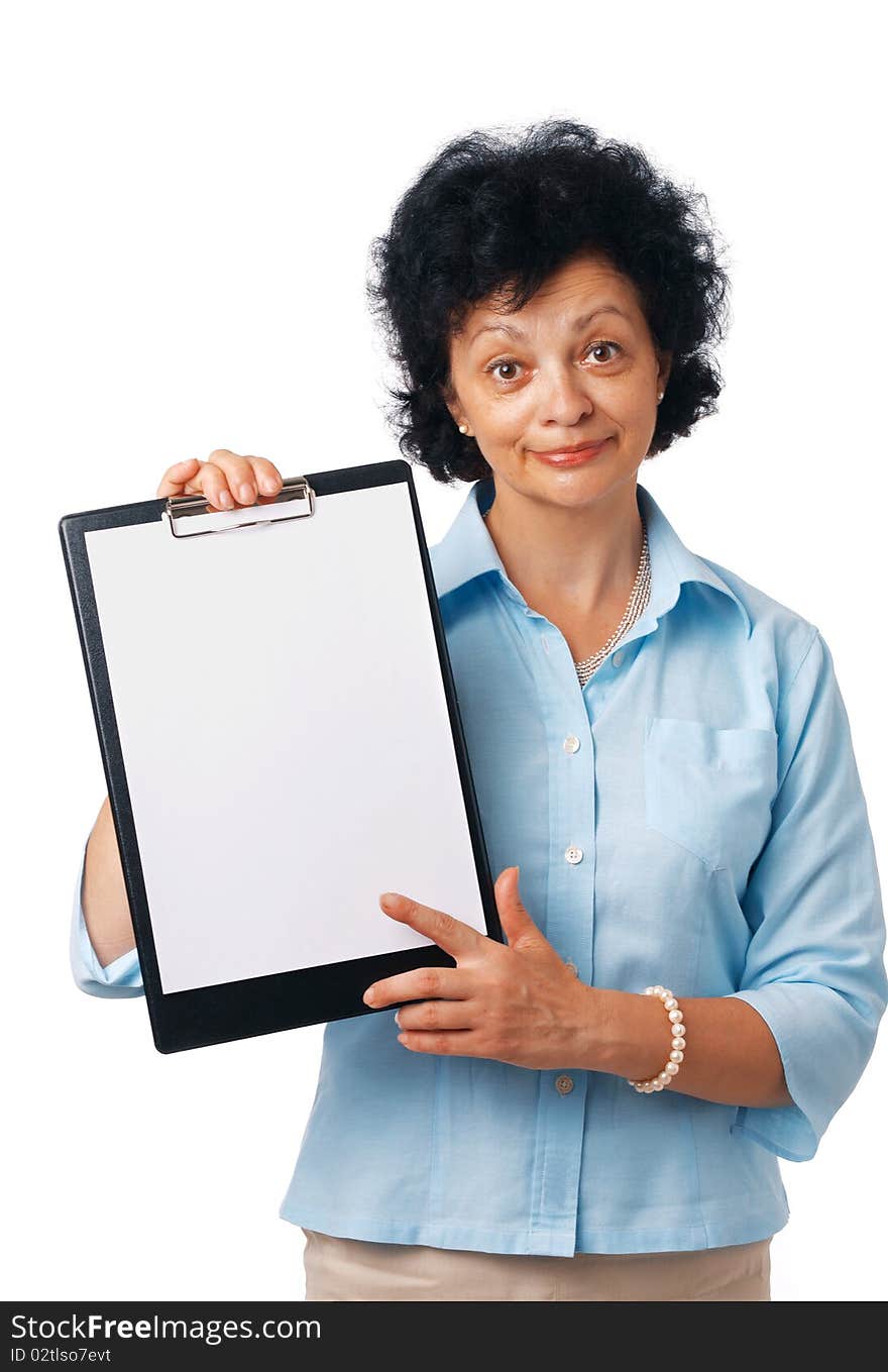 Elder woman holding a clipboard and showing something over white. Elder woman holding a clipboard and showing something over white.