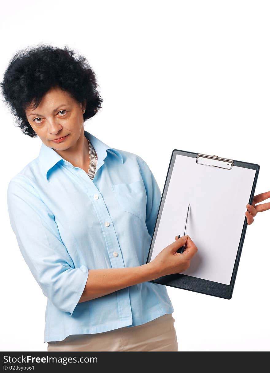 Serious elder woman holding a clipboard and showing something over white. Serious elder woman holding a clipboard and showing something over white.