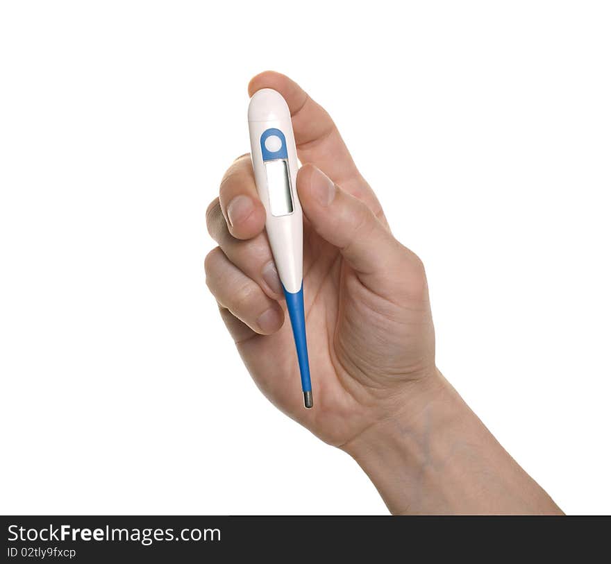 Well shaped doctor's hand hold a thermometer isolated over white