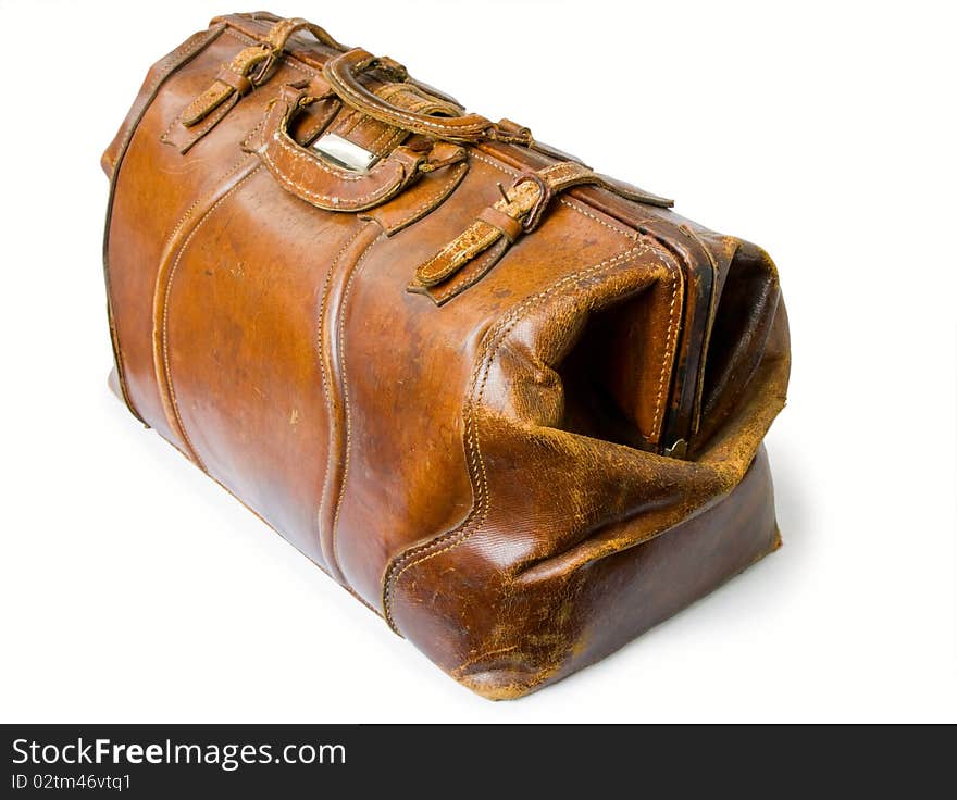 Old brown leather bag isolated with clipping path. Old brown leather bag isolated with clipping path