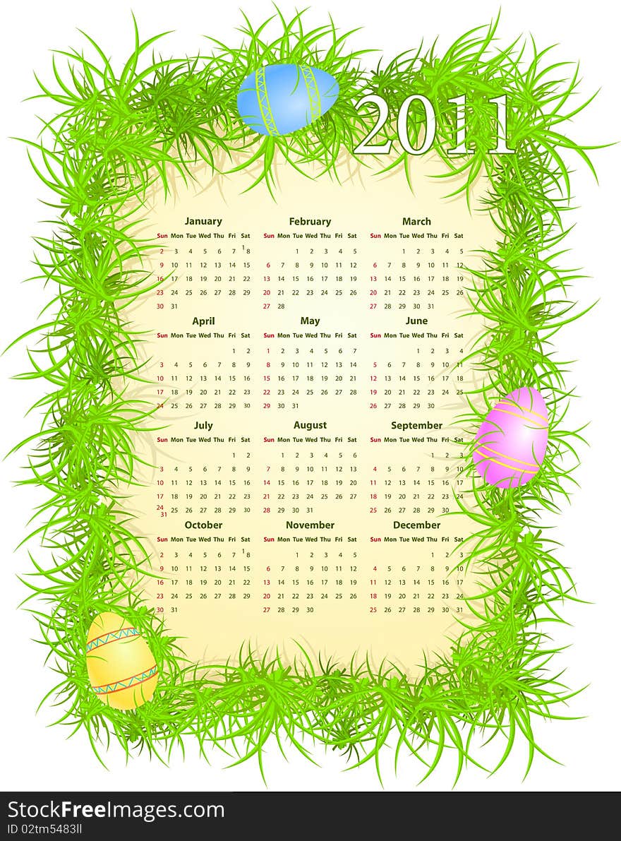 Vector illustration of Easter calendar 2011, starting from Sundays