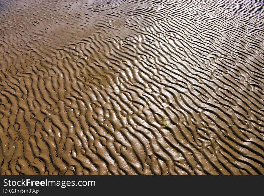 Colorful sand ripples on a beach with shallow water during ebb. Colorful sand ripples on a beach with shallow water during ebb