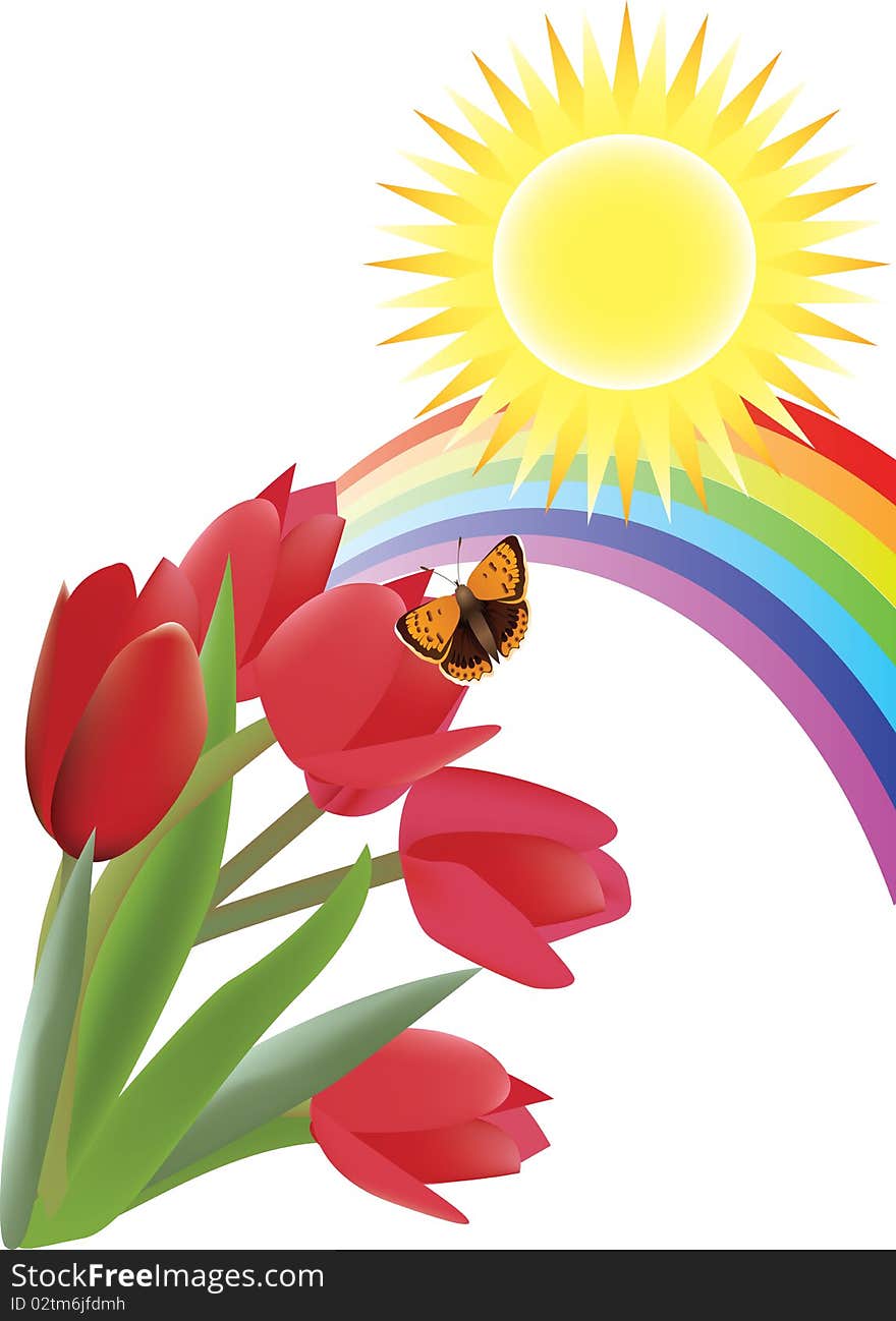 Vector flowers with sun and rainbow